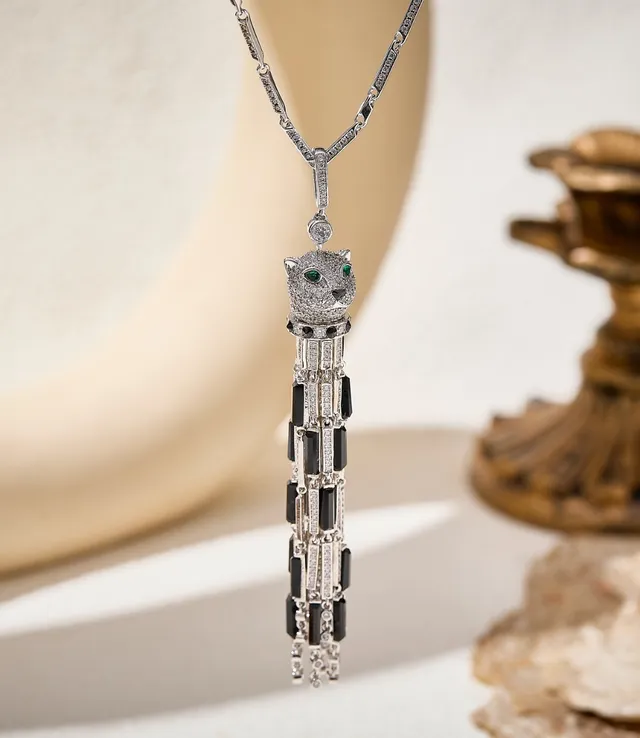 Silver Black Panther-Head Pendant Pavé-Set Clear Stones Necklace 4