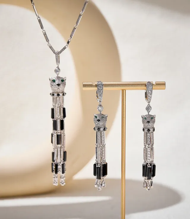 Silver Black Panther-Head Pendant Pavé-Set Clear Stones Necklace 6