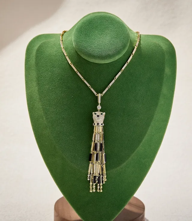 Silver Black Panther-Head Pendant Pavé-Set Clear Stones Necklace 8