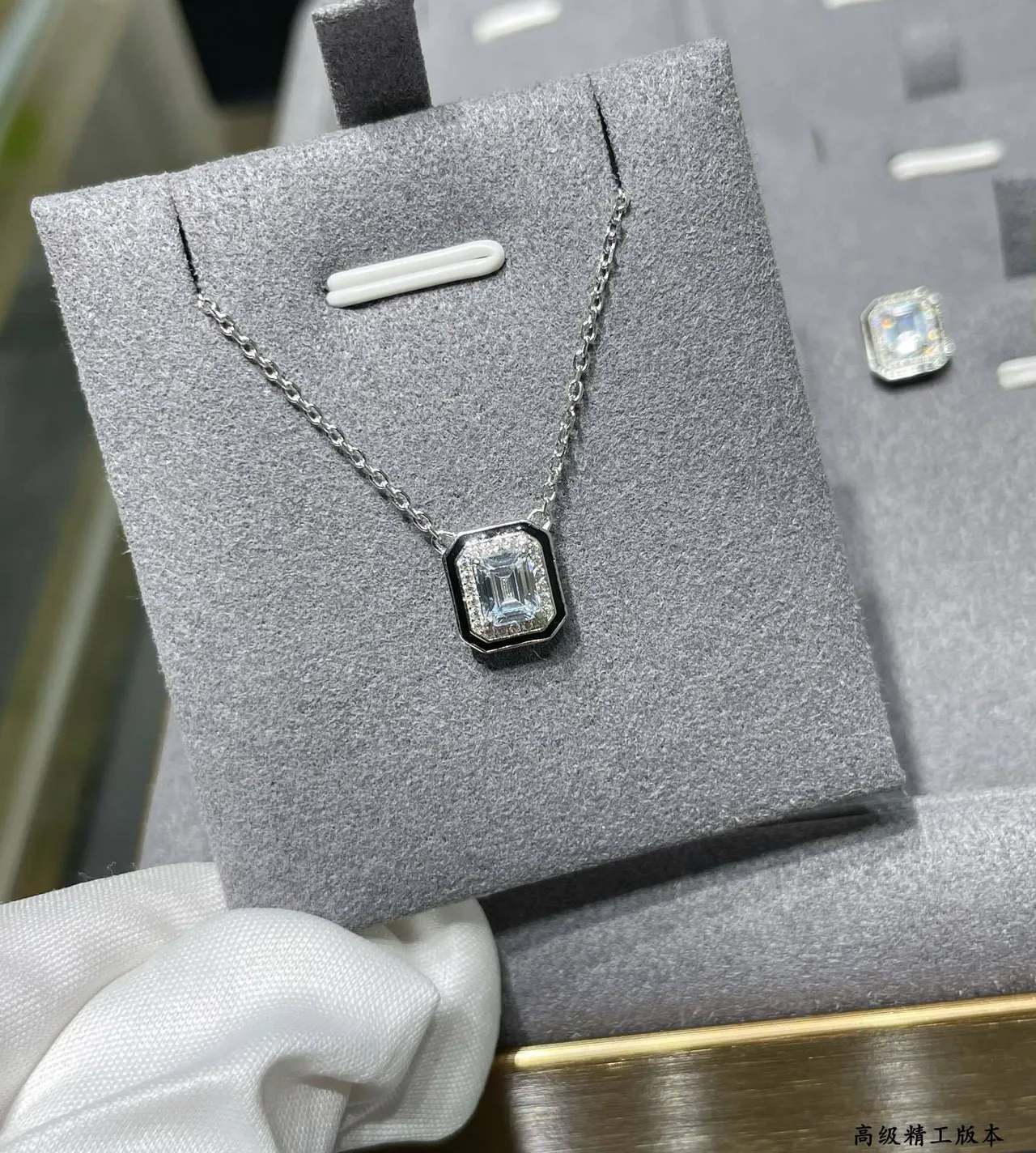 Silver Black Square Pendant Emerald-Cut Center Stone Necklace 4