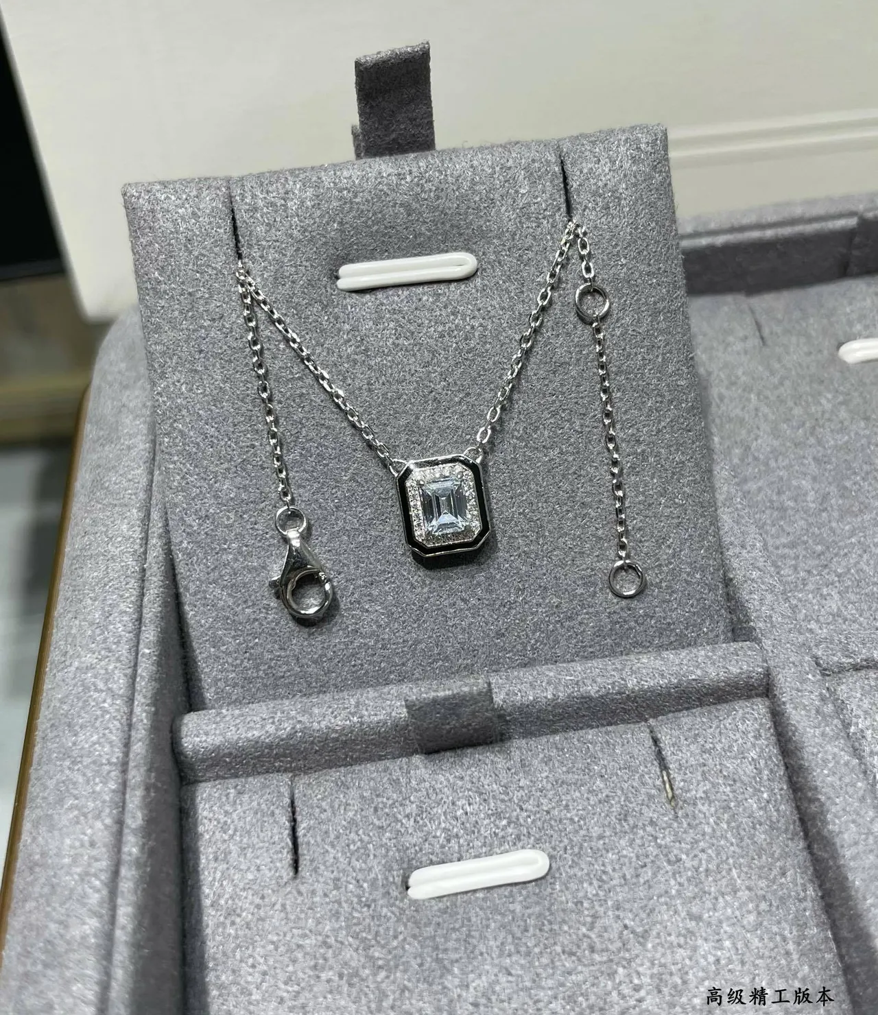 Silver Black Square Pendant Emerald-Cut Center Stone Necklace 5