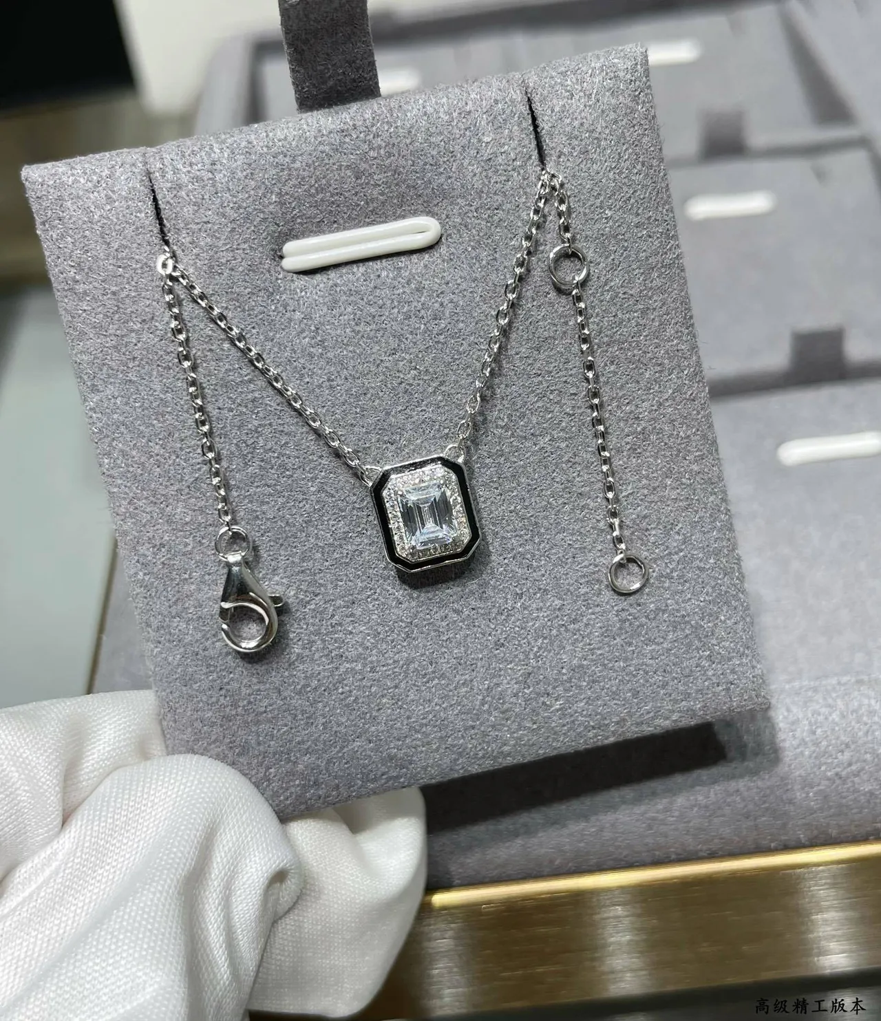 Silver Black Square Pendant Emerald-Cut Center Stone Necklace 6