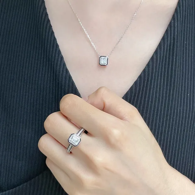 Silver Black Square Pendant Emerald-Cut Center Stone Necklace 8