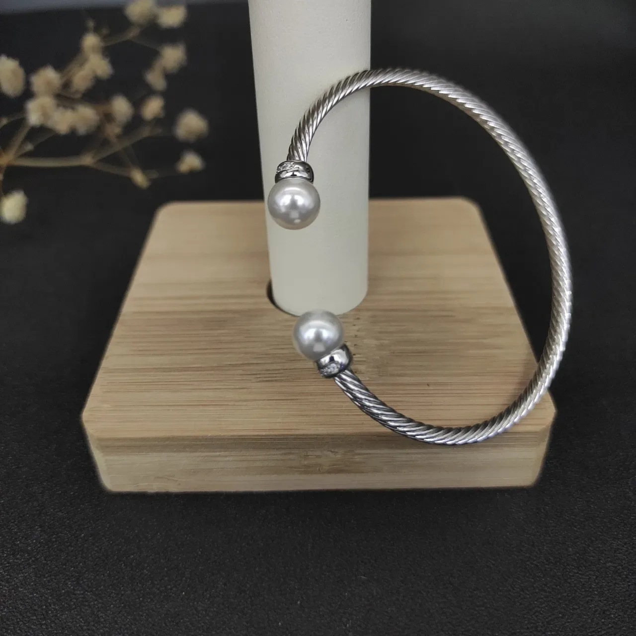 Silver Black Twisted Cable Spherical End Caps Bracelet 5