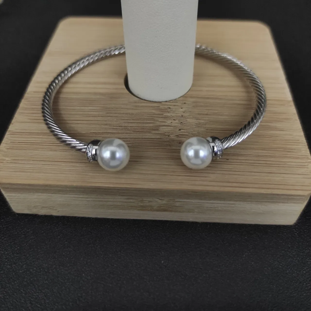 Silver Black Twisted Cable Spherical End Caps Bracelet 6