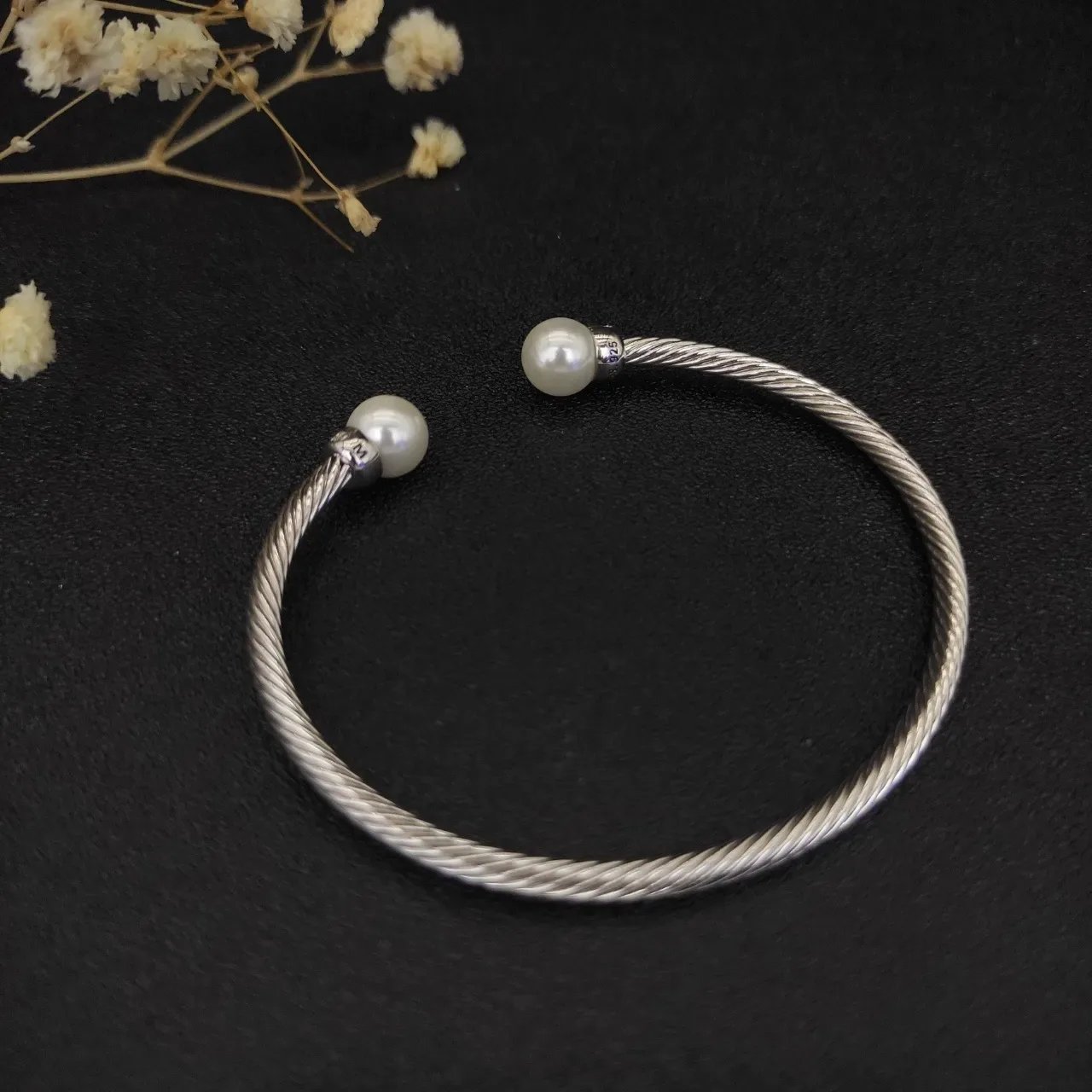 Silver Black Twisted Cable Spherical End Caps Bracelet 7