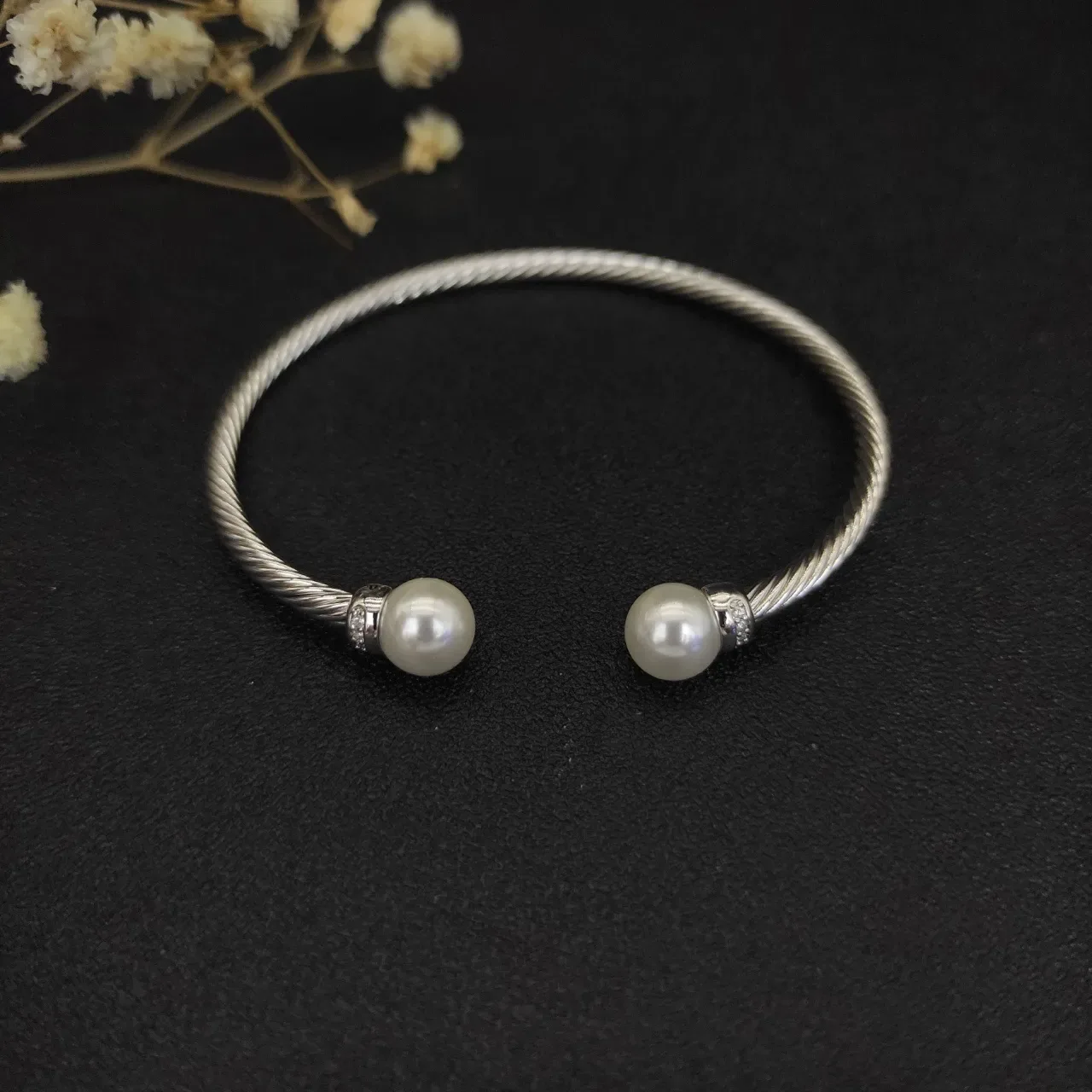 Silver Black Twisted Cable Spherical End Caps Bracelet 8