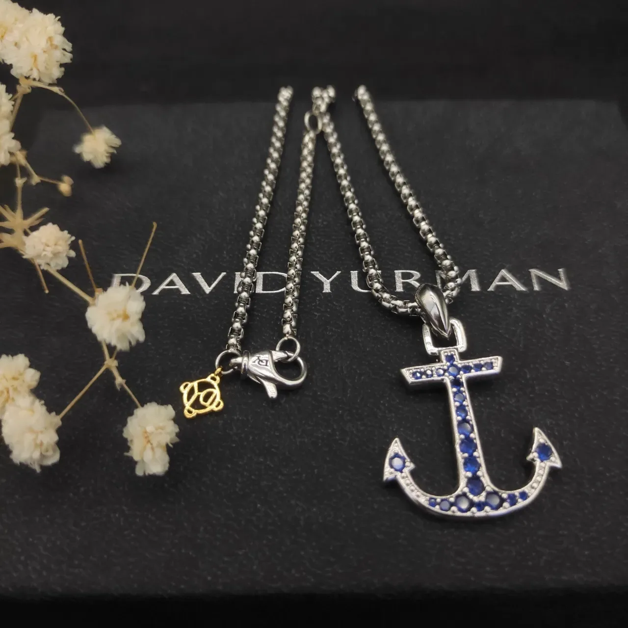 Silver Blue Anchor-Shaped Pendant Pavé-Set Stones Necklace 2
