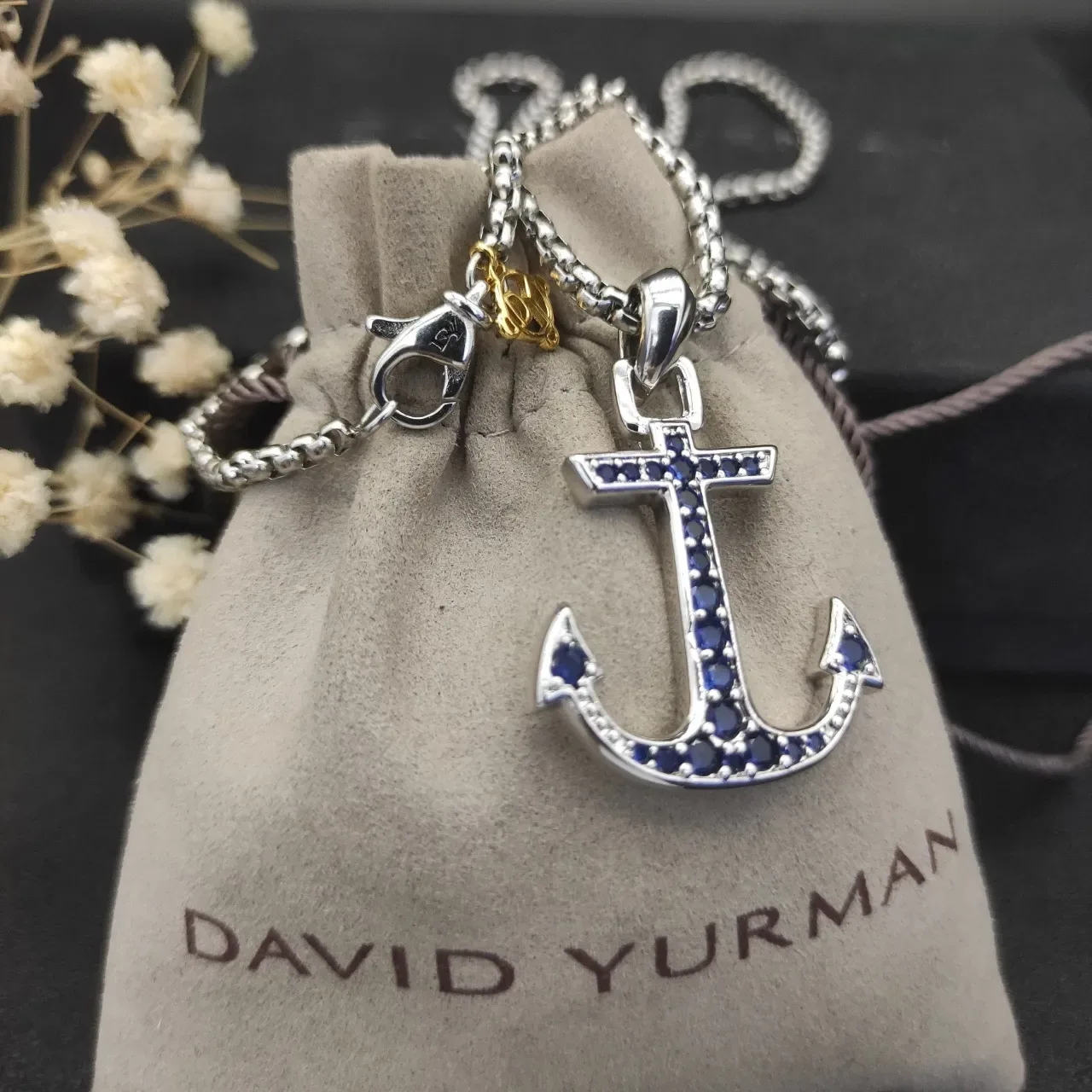 Silver Blue Anchor-Shaped Pendant Pavé-Set Stones Necklace 3