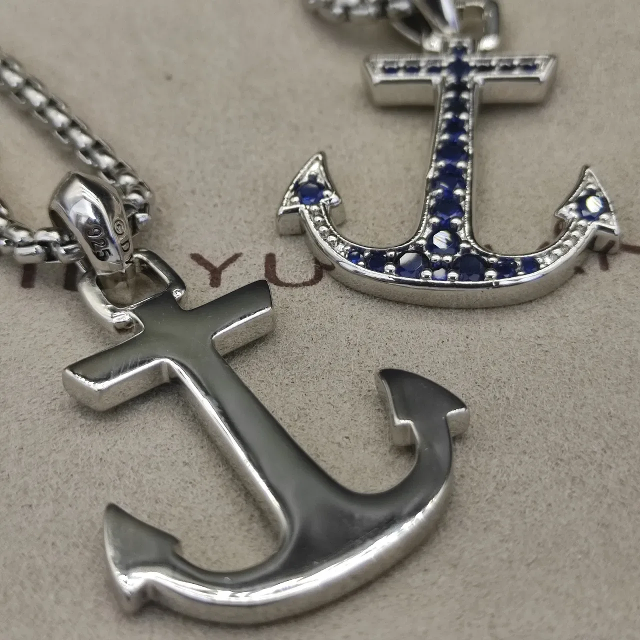 Silver Blue Anchor-Shaped Pendant Pavé-Set Stones Necklace 4