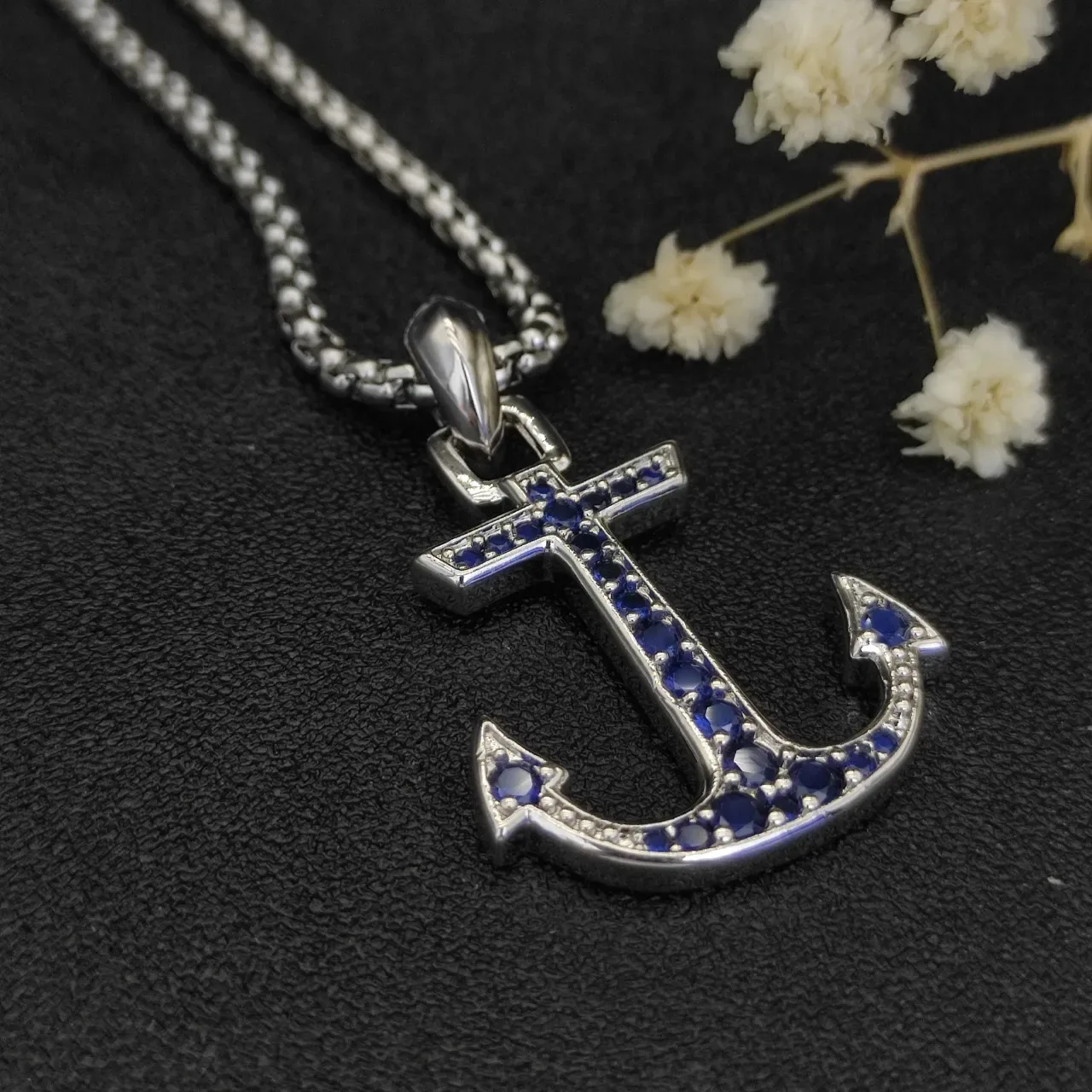 Silver Blue Anchor-Shaped Pendant Pavé-Set Stones Necklace 8