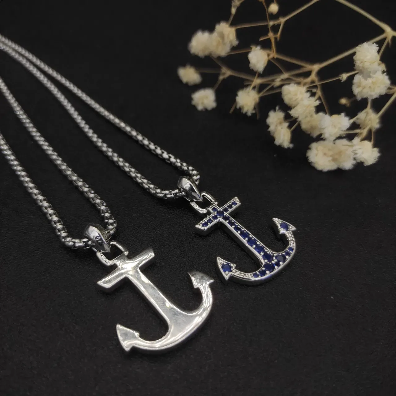 Silver Blue Anchor-Shaped Pendant Pavé-Set Stones Necklace 9