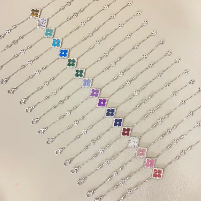Silver Chain Clover-Shaped Enamel Charms Bracelet 2