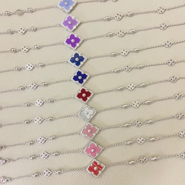Silver Chain Clover-Shaped Enamel Charms Bracelet 6