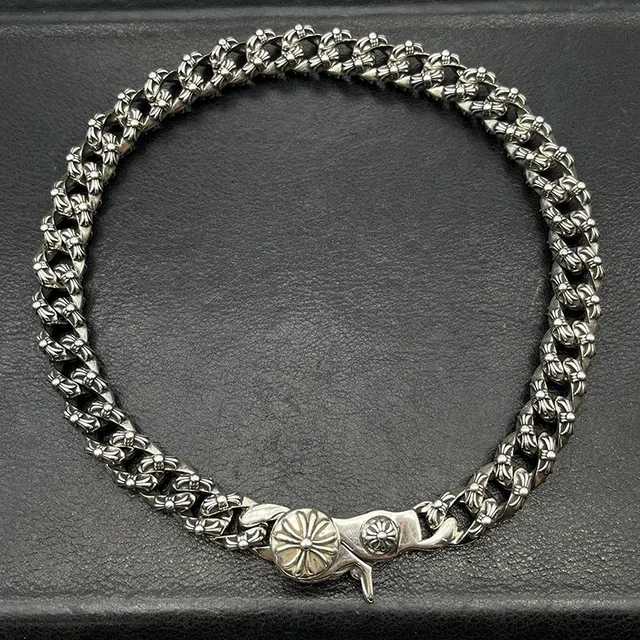 Silver Chunky Curb Link Ornate Floral-Engraved Clasp Bracelet 6
