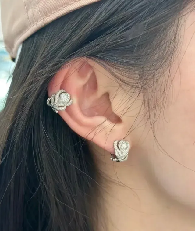 Silver Floral Pavé-Set Hinged Lever-Back Earrings 9