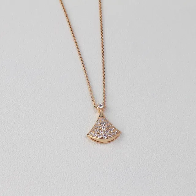Silver Gold Fan-Shaped Pendant Pavé-Set Stones Necklace 2