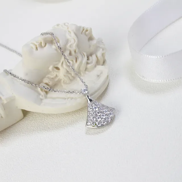 Silver Gold Fan-Shaped Pendant Pavé-Set Stones Necklace 3