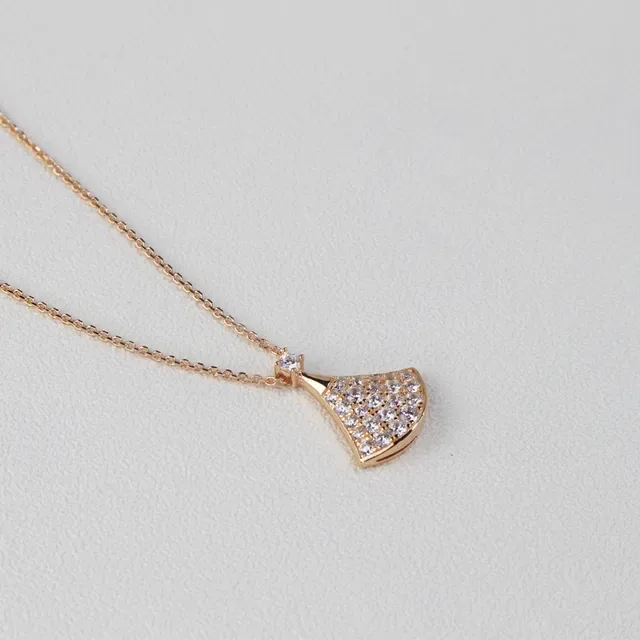 Silver Gold Fan-Shaped Pendant Pavé-Set Stones Necklace 5
