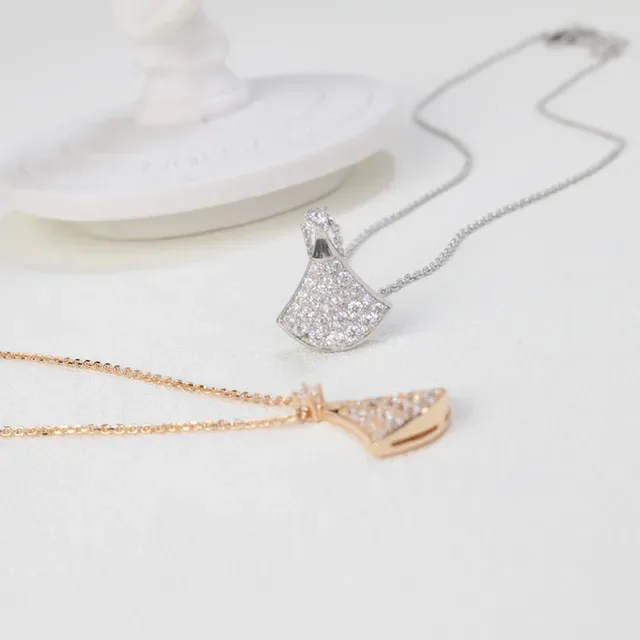 Silver Gold Fan-Shaped Pendant Pavé-Set Stones Necklace 8