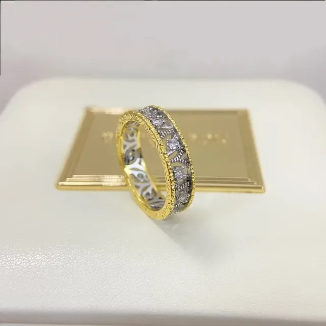 Silver Gold Filigree Openwork Pavé-Set Stones Ring 6