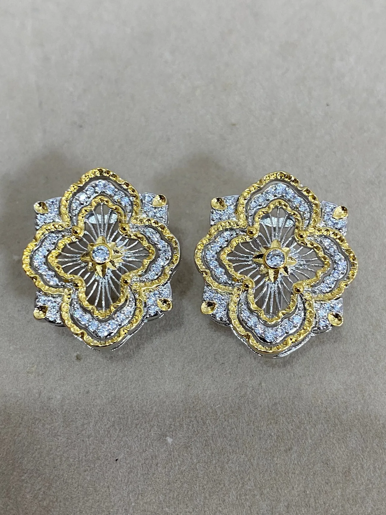 Silver Gold Floral Filigree Pavé-Set Earrings 9