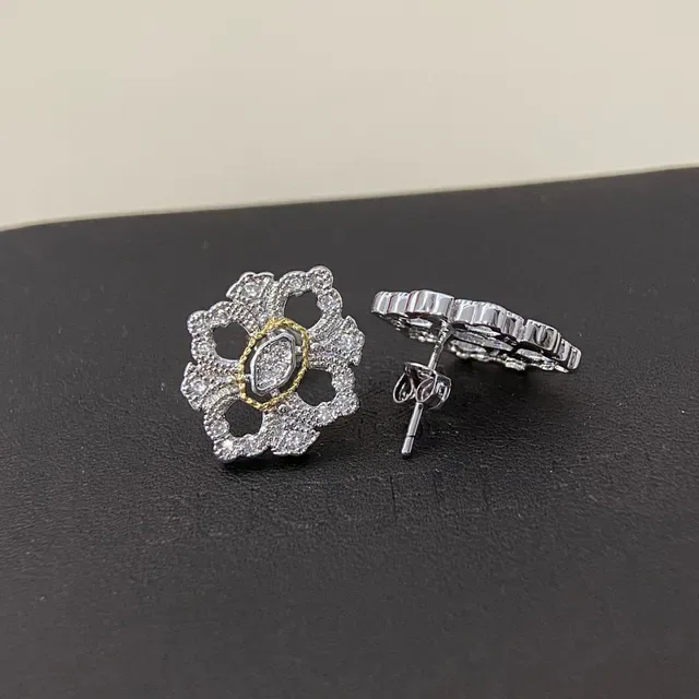 Silver Gold Floral Filigree Pavé-Set Stones Earrings 2