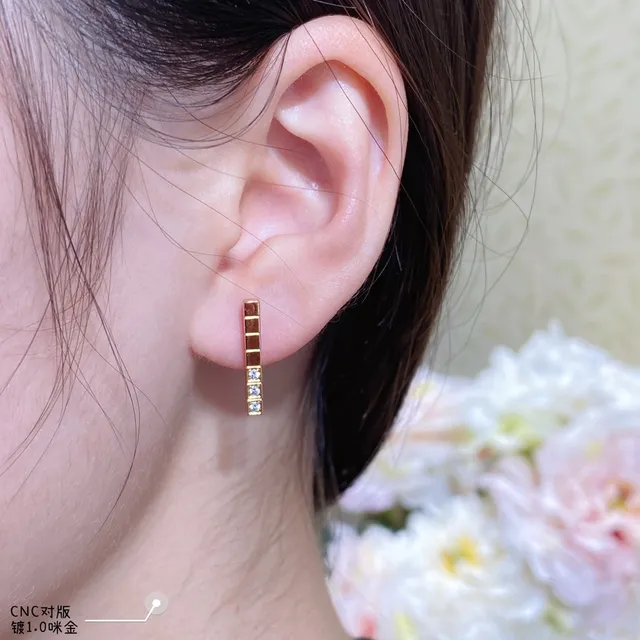 Silver Gold Geometric Bar Pave-Set Stones Earrings 9