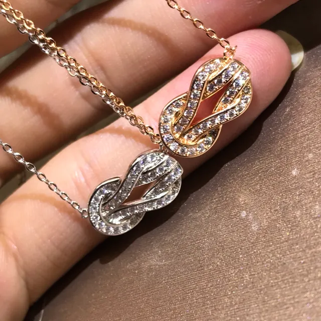 Silver Gold Knot-Shaped Pendant Pavé-Set Stones Necklace 2