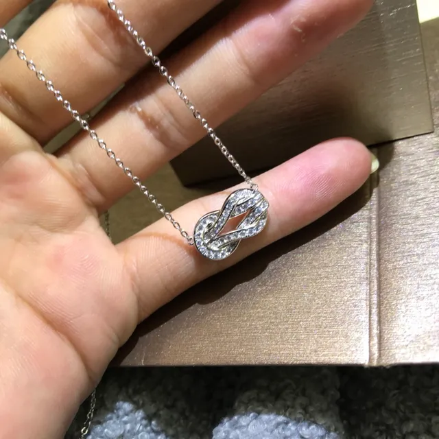 Silver Gold Knot-Shaped Pendant Pavé-Set Stones Necklace 4