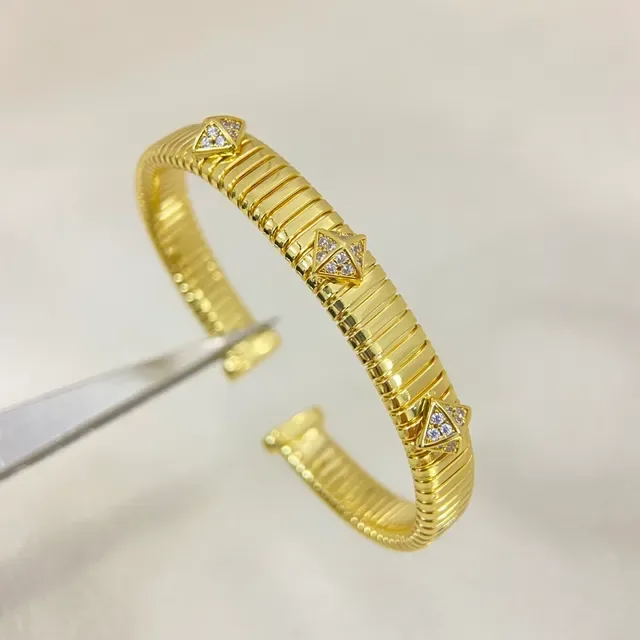 Silver Gold Ribbed Tubular Band Pavé-Set Pyramid Studs Bracelet 3