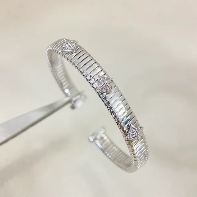 Silver Gold Ribbed Tubular Band Pavé-Set Pyramid Studs Bracelet 4