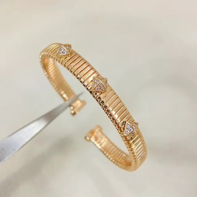 Silver Gold Ribbed Tubular Band Pavé-Set Pyramid Studs Bracelet 5