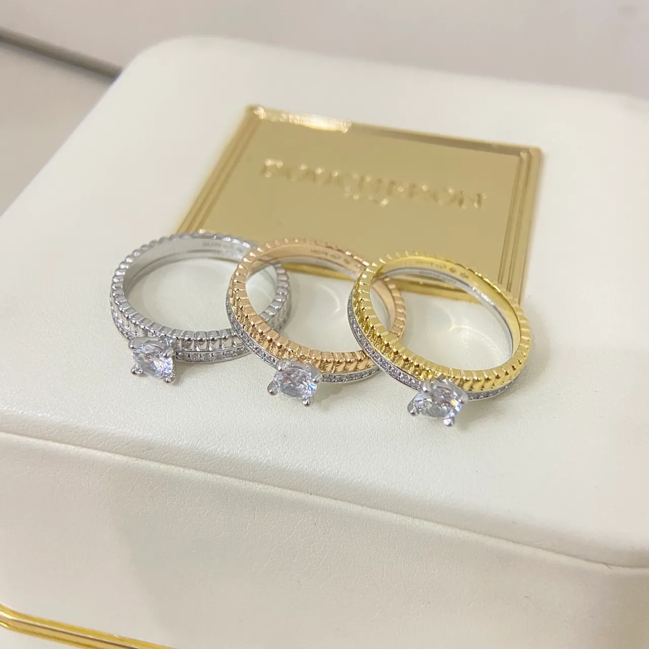 Silver Gold Solitaire Center Stone Pavé-Set Side Bands Ring 2