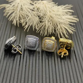 Silver Gold Square Face Pave-Set Stones Earrings