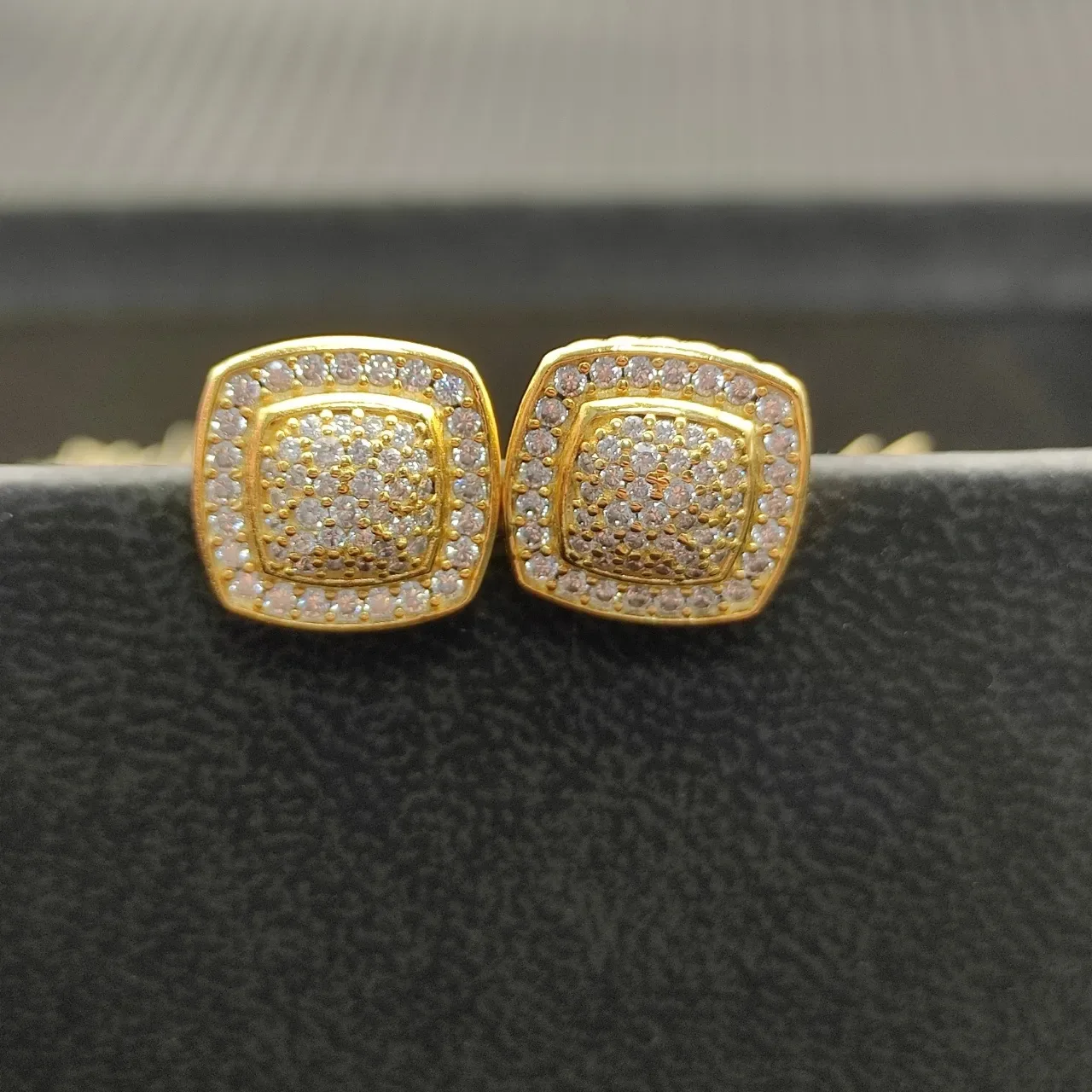 Silver Gold Square Face Pave-Set Stones Earrings 2
