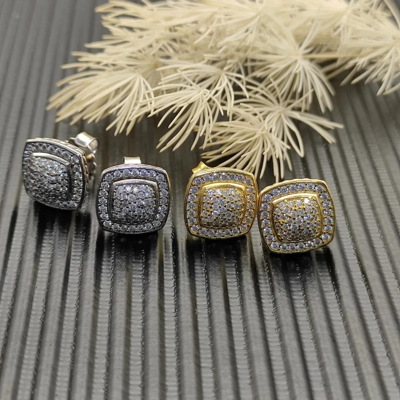 Silver Gold Square Face Pave-Set Stones Earrings 6