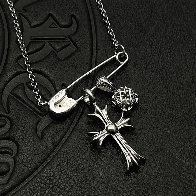 Silver Multicolor Cross-Shaped Pendants Safety-Pin Clasp Design Necklace 6