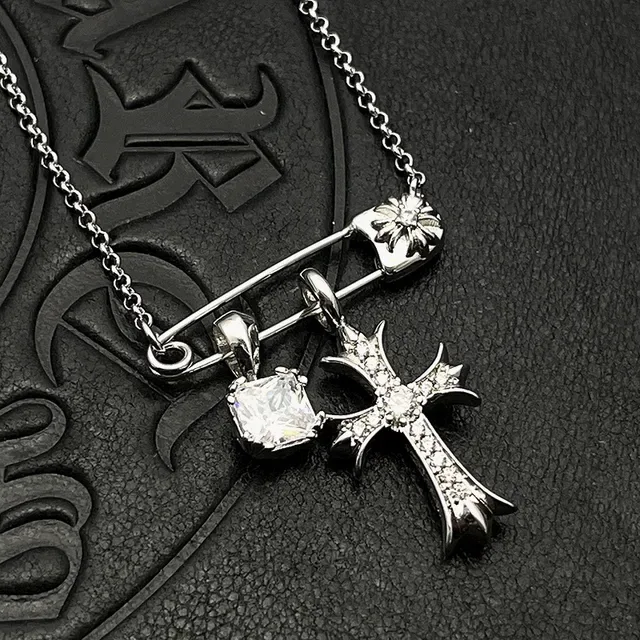 Silver Multicolor Cross-Shaped Pendants Safety-Pin Clasp Design Necklace 7
