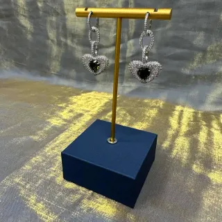 Silver Navy Heart-Shaped Pavé-Set Earrings