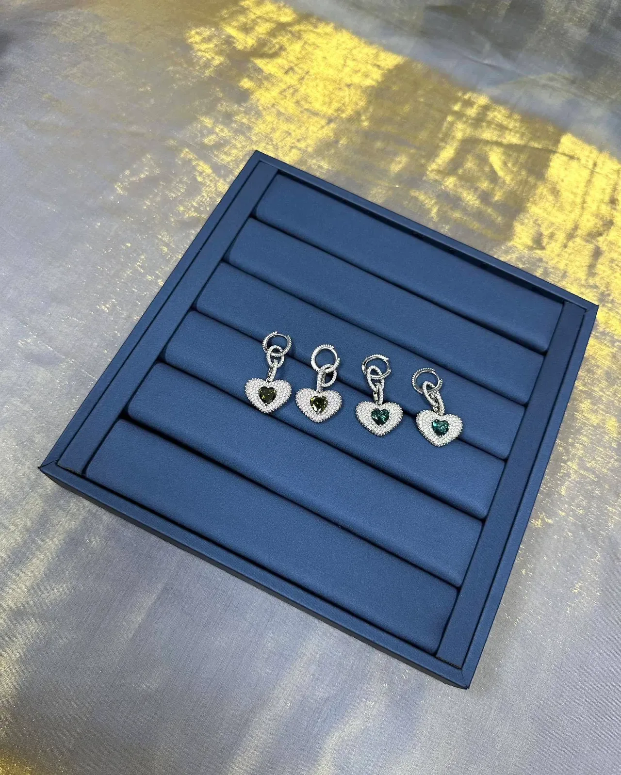 Silver Navy Heart-Shaped Pavé-Set Earrings 9