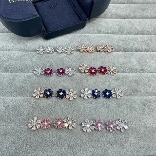 Silver Pink Flower-Shaped Multi-Stone Earrings