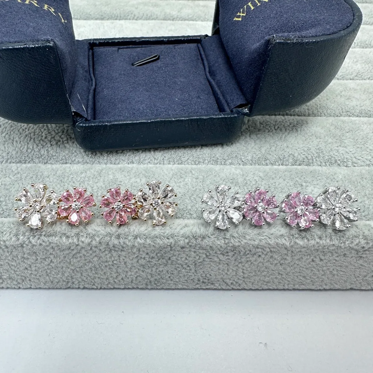 Silver Pink Flower-Shaped Multi-Stone Earrings 5