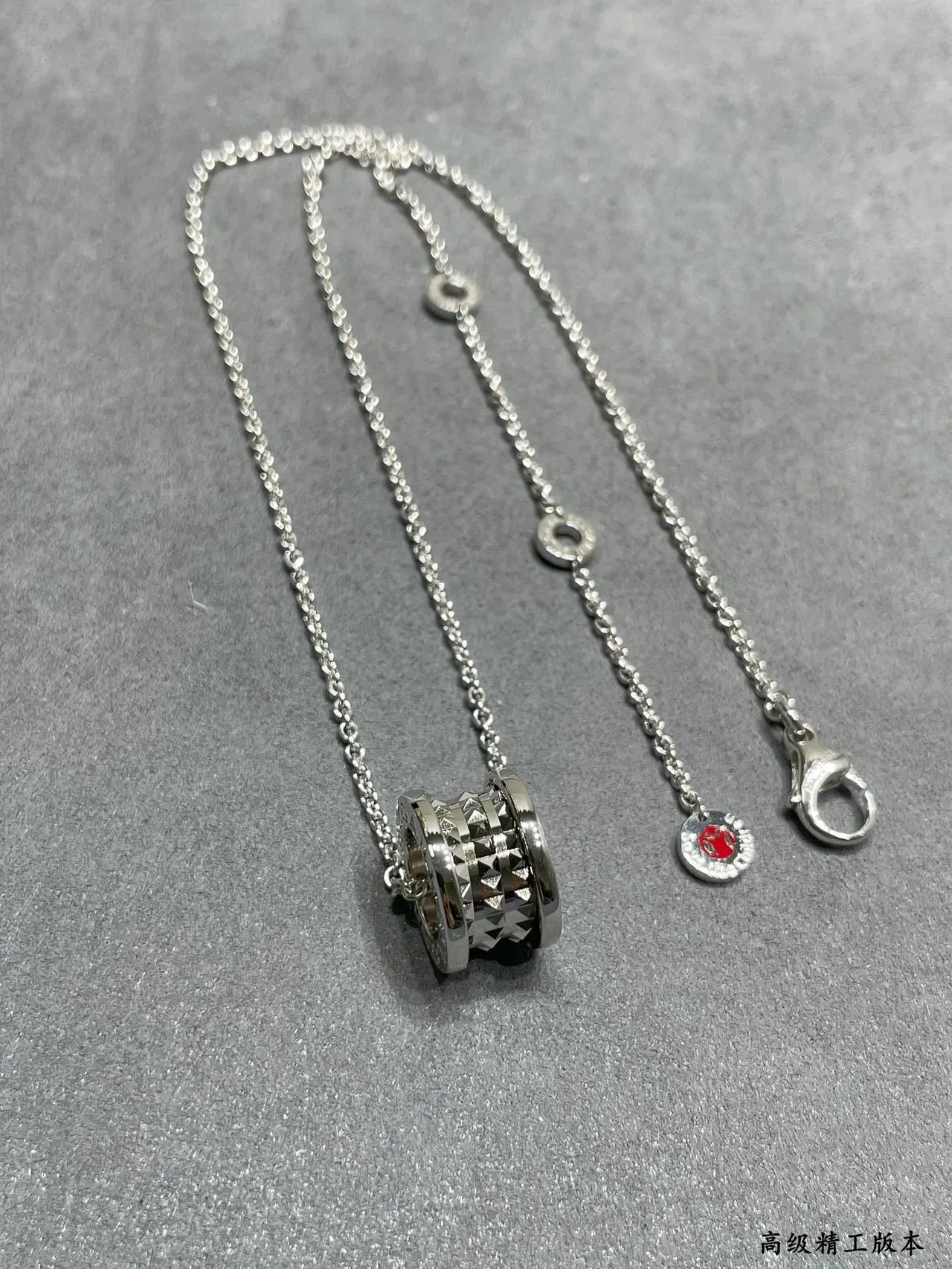Silver Red Chain Textured Cylindrical Pendant Necklace 5