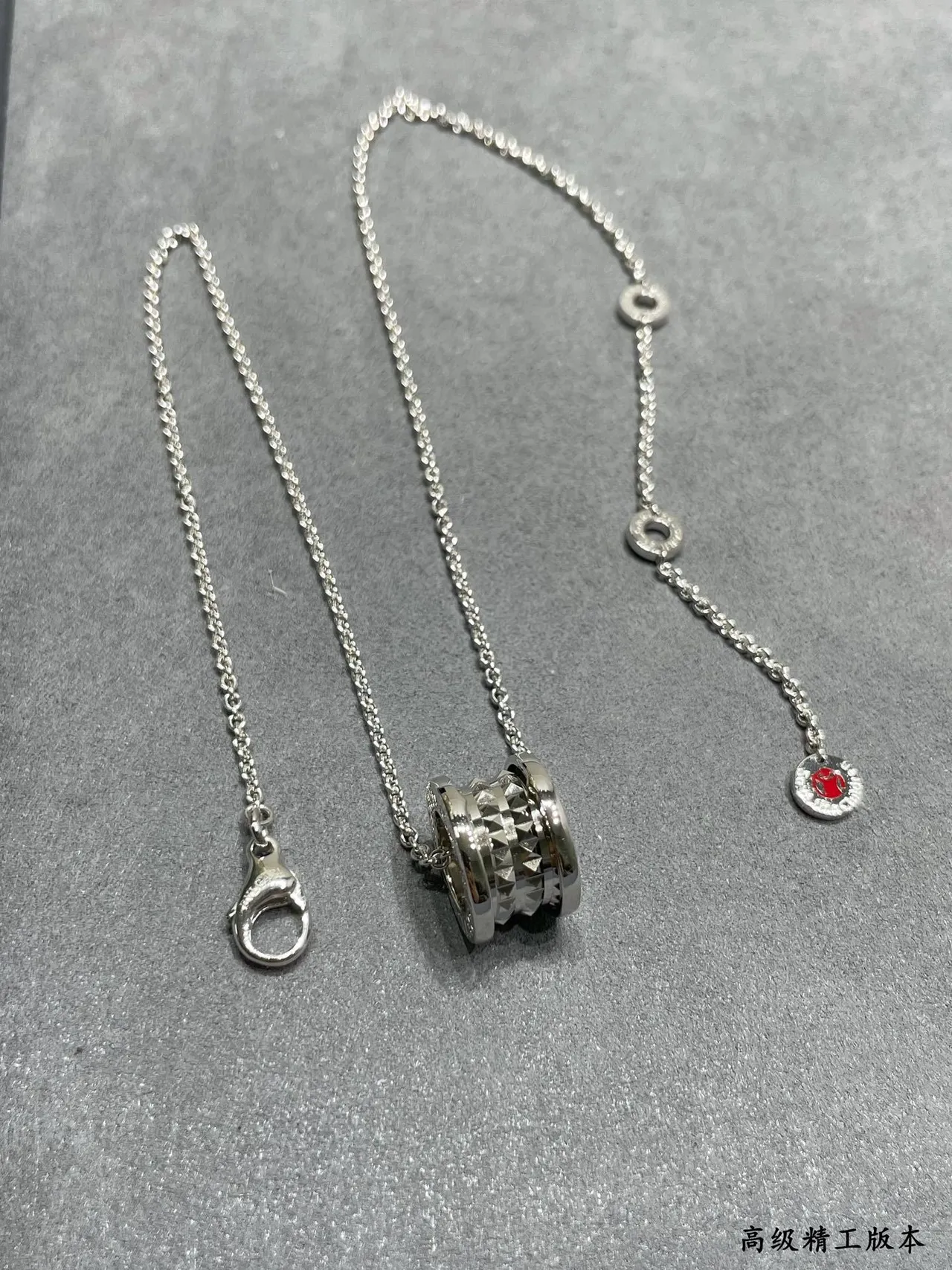 Silver Red Chain Textured Cylindrical Pendant Necklace 7