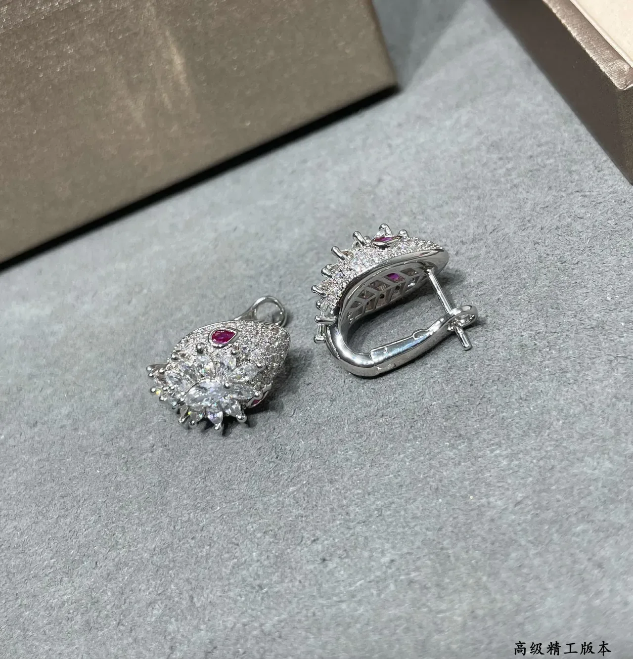 Silver Red Floral Cluster Pavé-Set Clear Stones Earrings 6
