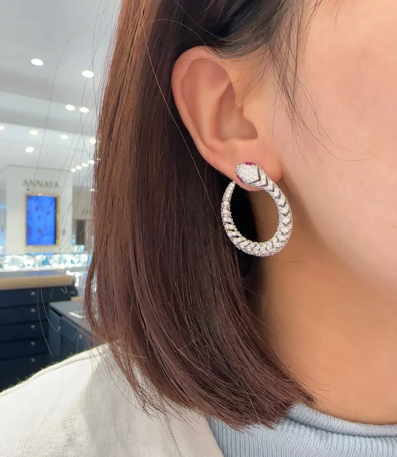 Silver Red Pavé-Set Hoop Snakehead Terminals Earrings 4