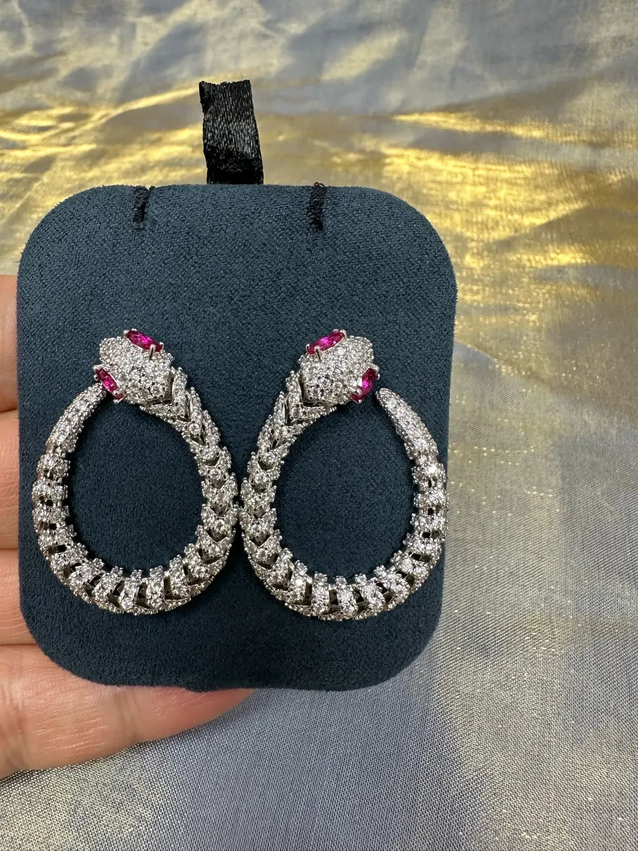 Silver Red Pavé-Set Hoop Snakehead Terminals Earrings 7