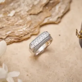 Silver-Tone Baguette and Pavé Stone Wide Band Ring