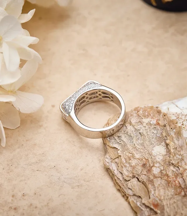 Silver-Tone Baguette and Pavé Stone Wide Band Ring 2
